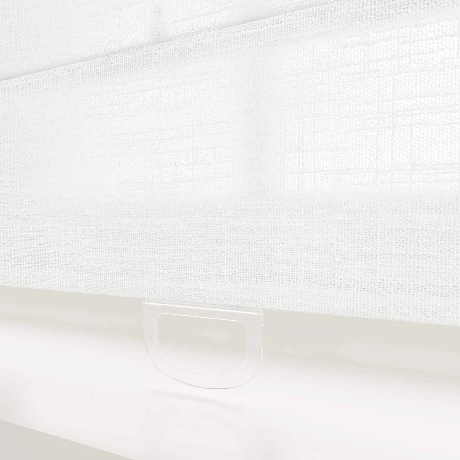 White textured fabric window shade with a subtle grid pattern and a clear translucent plastic pull tab