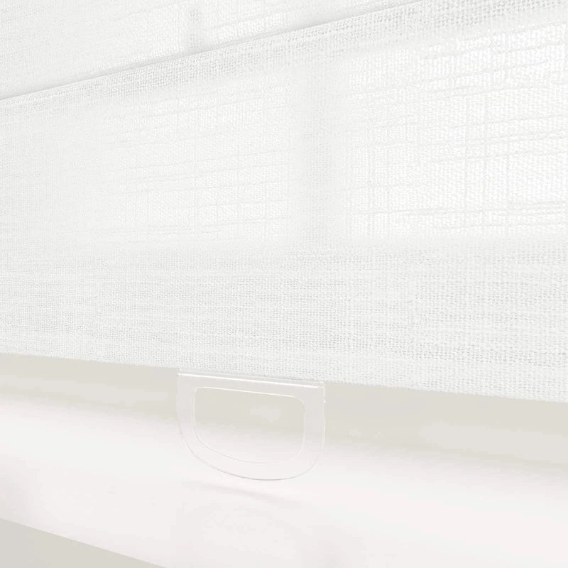 White textured fabric window shade with a subtle grid pattern and a clear translucent plastic pull tab