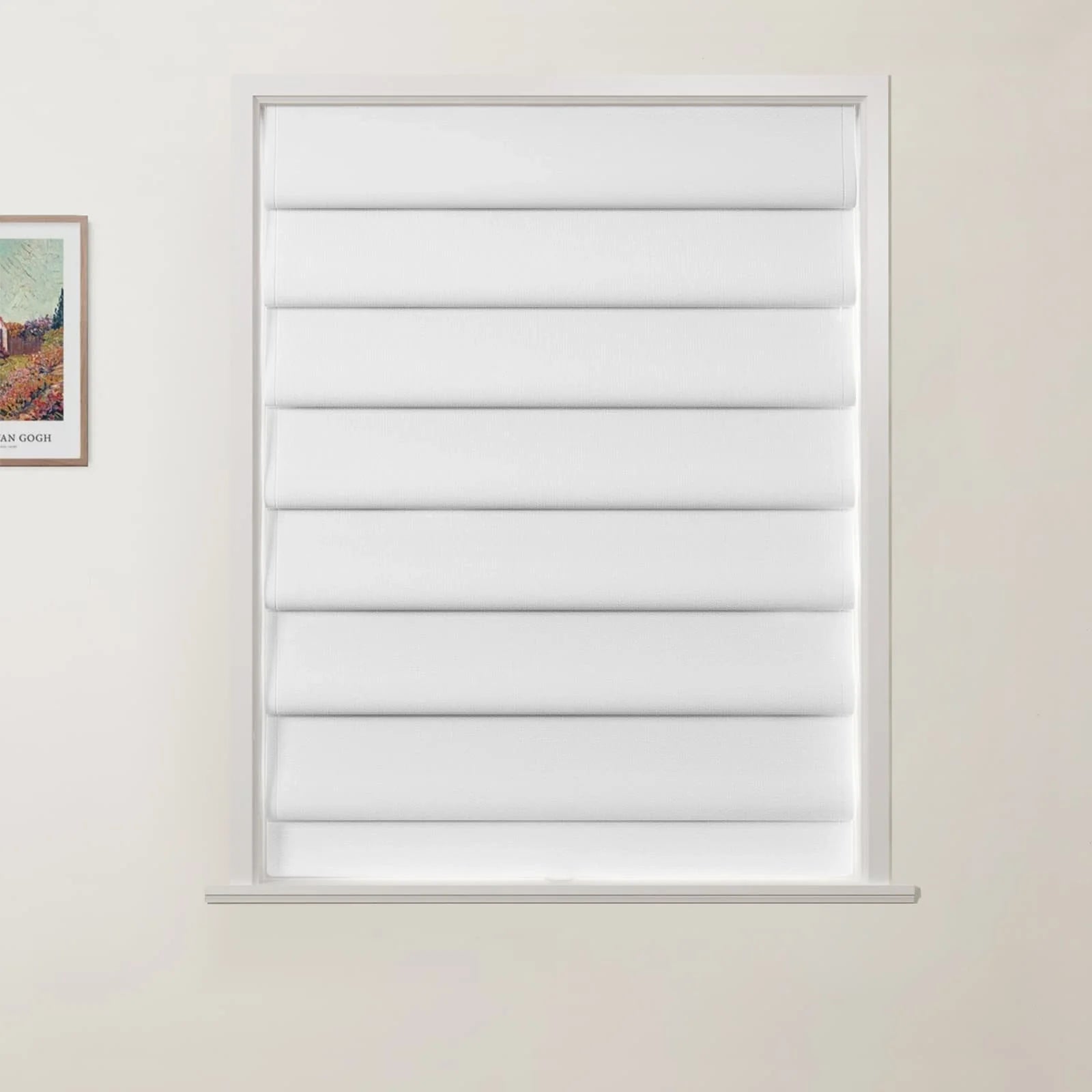 Photograph of an interior room featuring a window with white fabric pleated Roman blinds and a framed Van Gogh Arles landscape print on the subtle beige wall