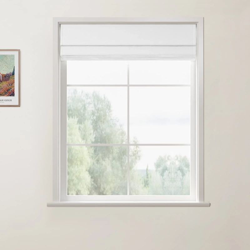 A framed Van Gogh print on a light wall next to a bright window featuring a white grid frame and a partially lowered white Roman shade, looking out at verdant green trees
