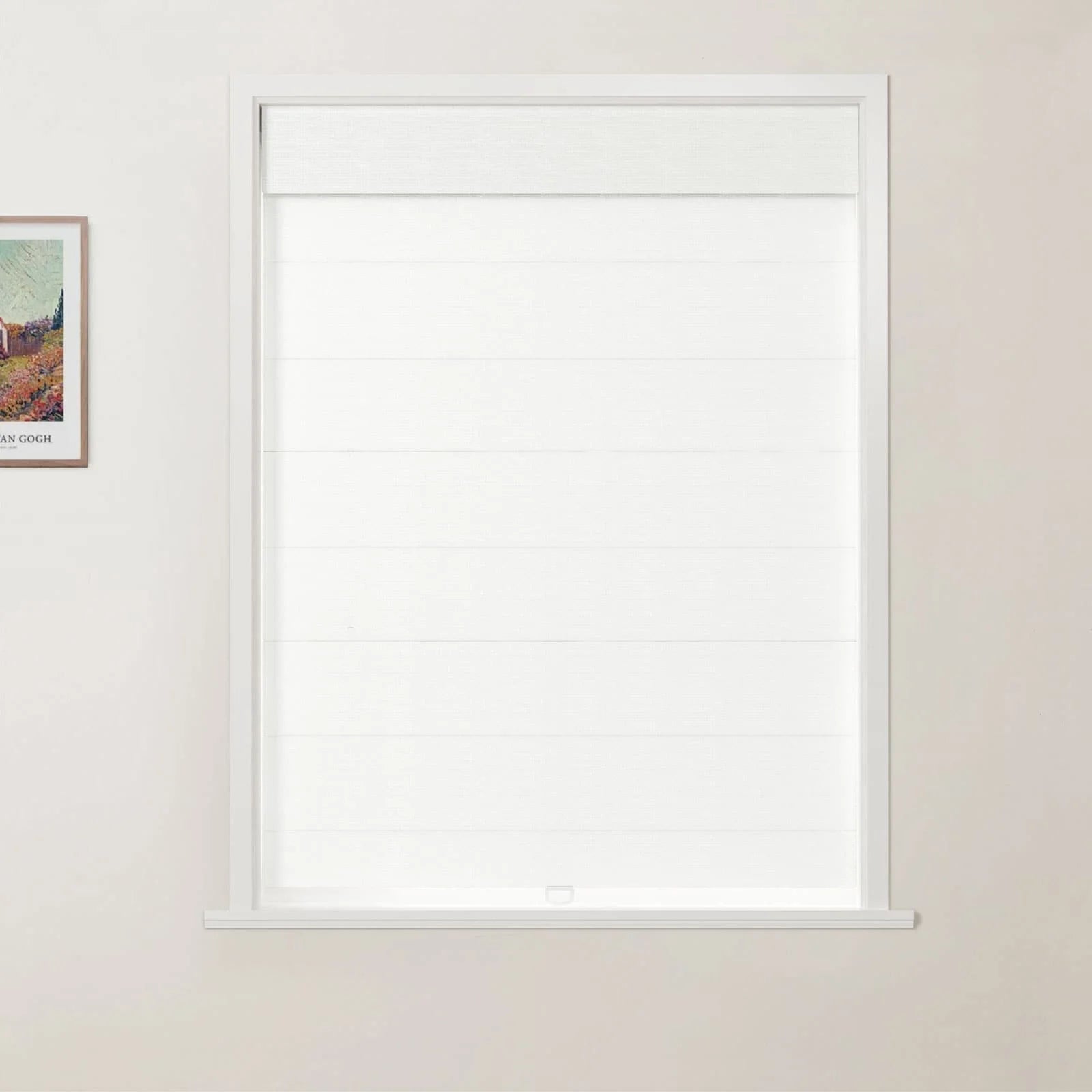 An interior photograph shows a minimalist room with a crisp white window blind featuring horizontal folds, alongside a framed Van Gogh landscape print on a subtle beige wall