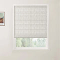 Photograph showcasing a white window with a textured light grey Roman blind, adjacent to a framed Van Gogh print depicting a vibrant landscape, overlooking a blurry green outdoor scene