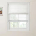 Photograph of a white framed window featuring an opaque white Roman blind above a sheer white roller blind, with green foliage visible outside and a framed Van Gogh print partially on the left wall