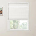A photograph showcases a window dressed with white Roman blinds featuring sheer horizontal strips, a framed colorful Van Gogh landscape print on the left wall, and a blurred green outdoor view through the lower pane