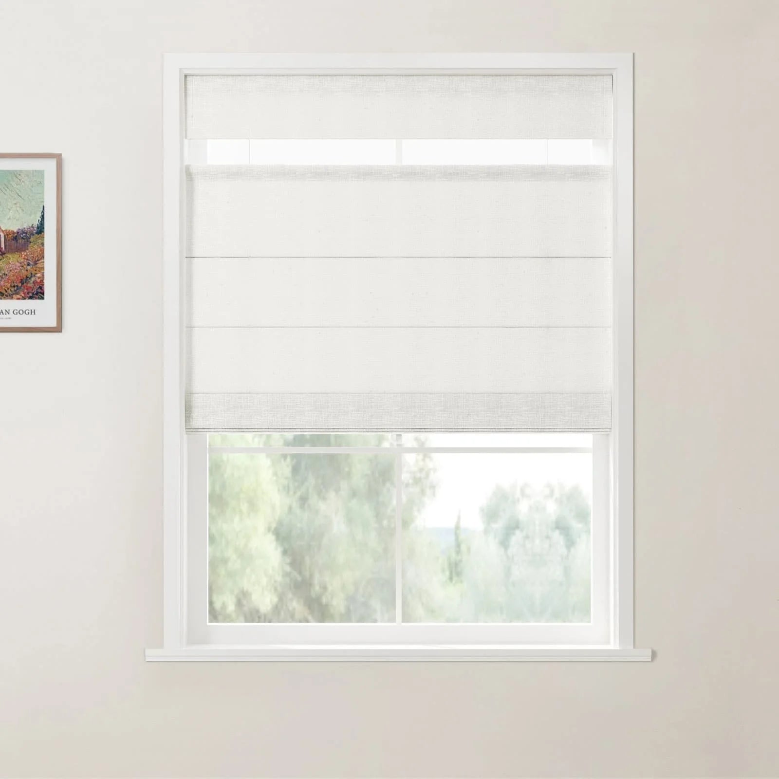 A photograph showcases a window dressed with white Roman blinds featuring sheer horizontal strips, a framed colorful Van Gogh landscape print on the left wall, and a blurred green outdoor view through the lower pane