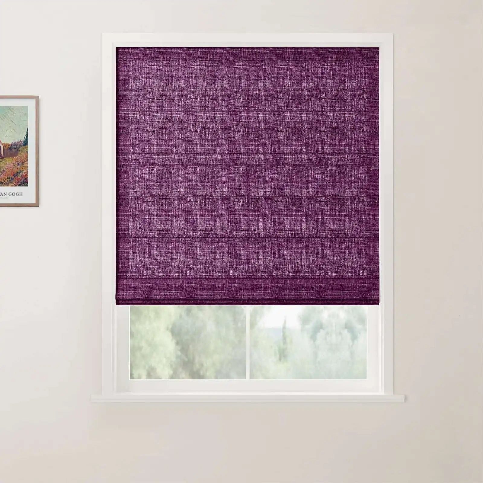 Photograph of a vibrant purple textured Roman blind partially covering a white-framed window looking out to soft green foliage, with a framed Van Gogh landscape print visible on the adjacent light wall