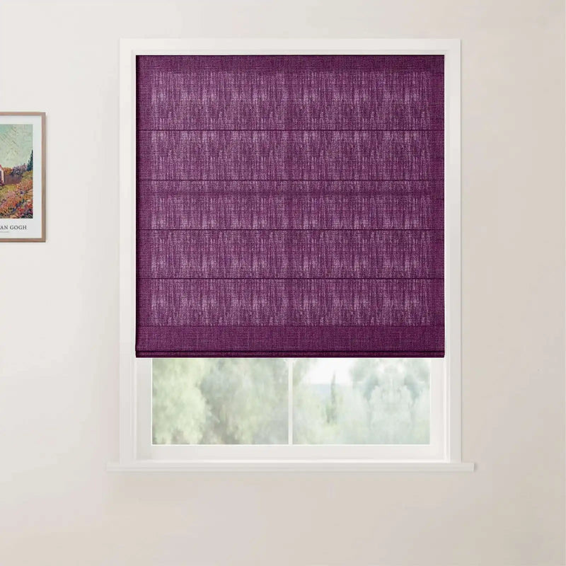 Photograph of a vibrant purple textured Roman blind partially covering a white-framed window looking out to soft green foliage, with a framed Van Gogh landscape print visible on the adjacent light wall