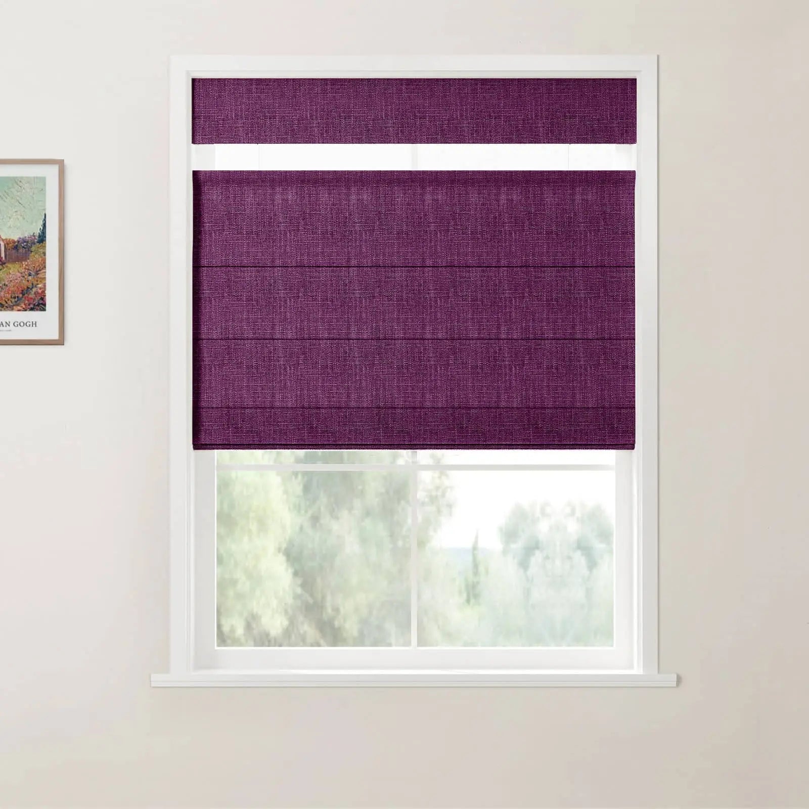A modern photograph featuring a framed Van Gogh print on a white wall next to a window fitted with a deep purple textured top-down bottom-up roman blind, revealing a serene view of green foliage and distant hills outside
