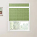 Photograph with a framed Van Gogh print, depicting a modern window featuring a vibrant green textured Roman blind with a white sheer top band, overlooking a blurred natural landscape from an interior room