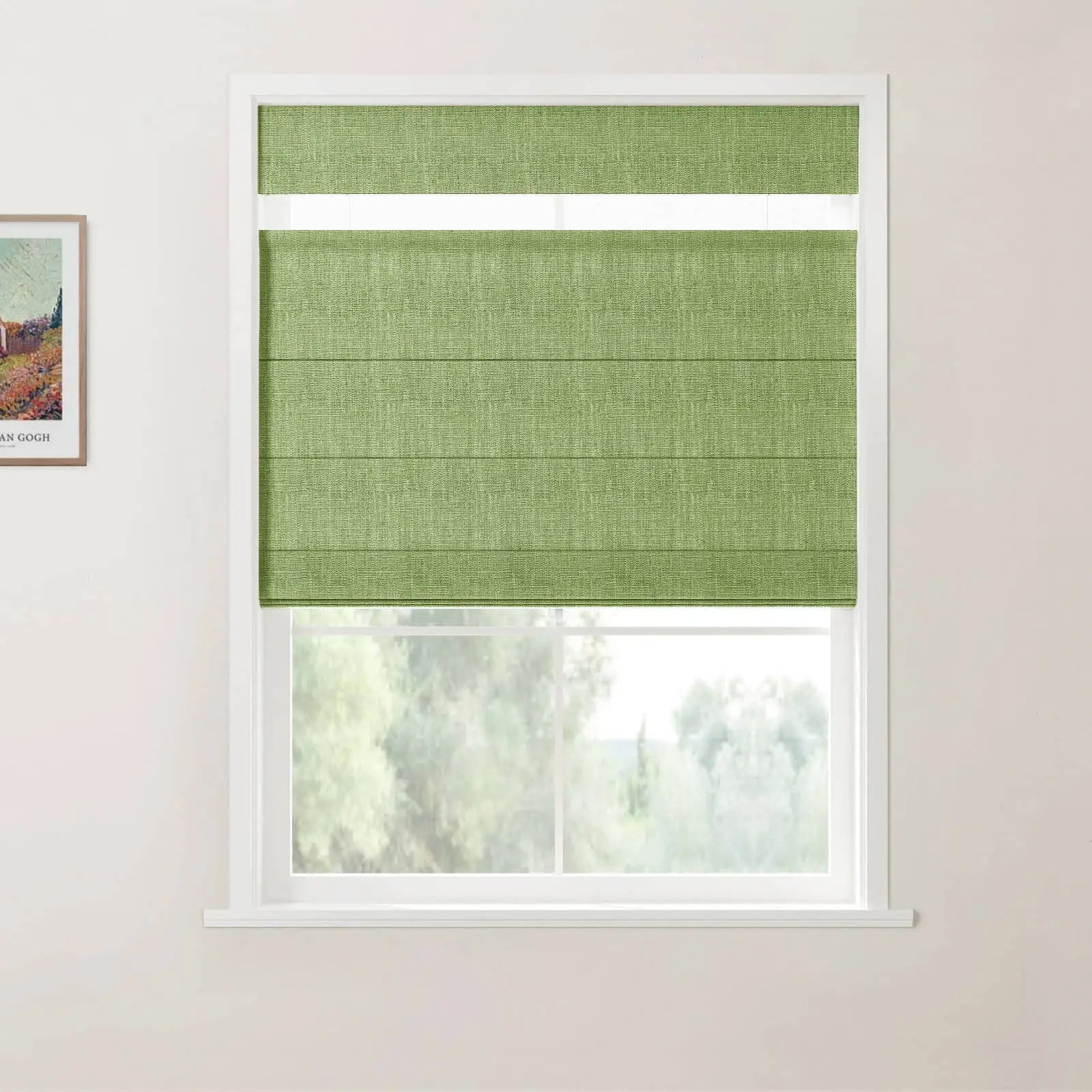 Photograph with a framed Van Gogh print, depicting a modern window featuring a vibrant green textured Roman blind with a white sheer top band, overlooking a blurred natural landscape from an interior room