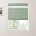 Photograph featuring a textured sage green Roman blind on a white window frame, with a framed Van Gogh landscape print visible on the adjacent wall and blurry green trees outside