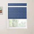Photograph of a room featuring a white-framed window with a deep blue textured Roman blind, a framed Van Gogh landscape print on the left wall, and a blurred green outdoor view