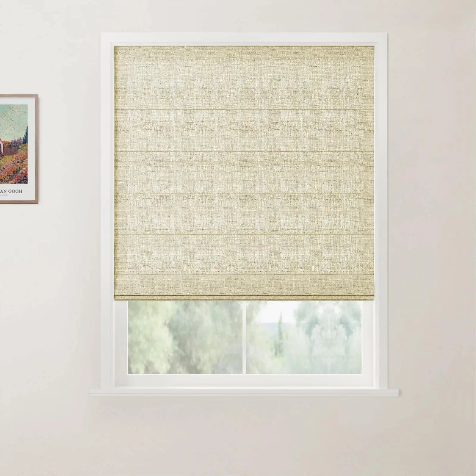 Photograph of an interior window featuring a light beige textured linen Roman blind, a white frame revealing blurred green trees outside, and a colorful framed Van Gogh print on the adjacent wall