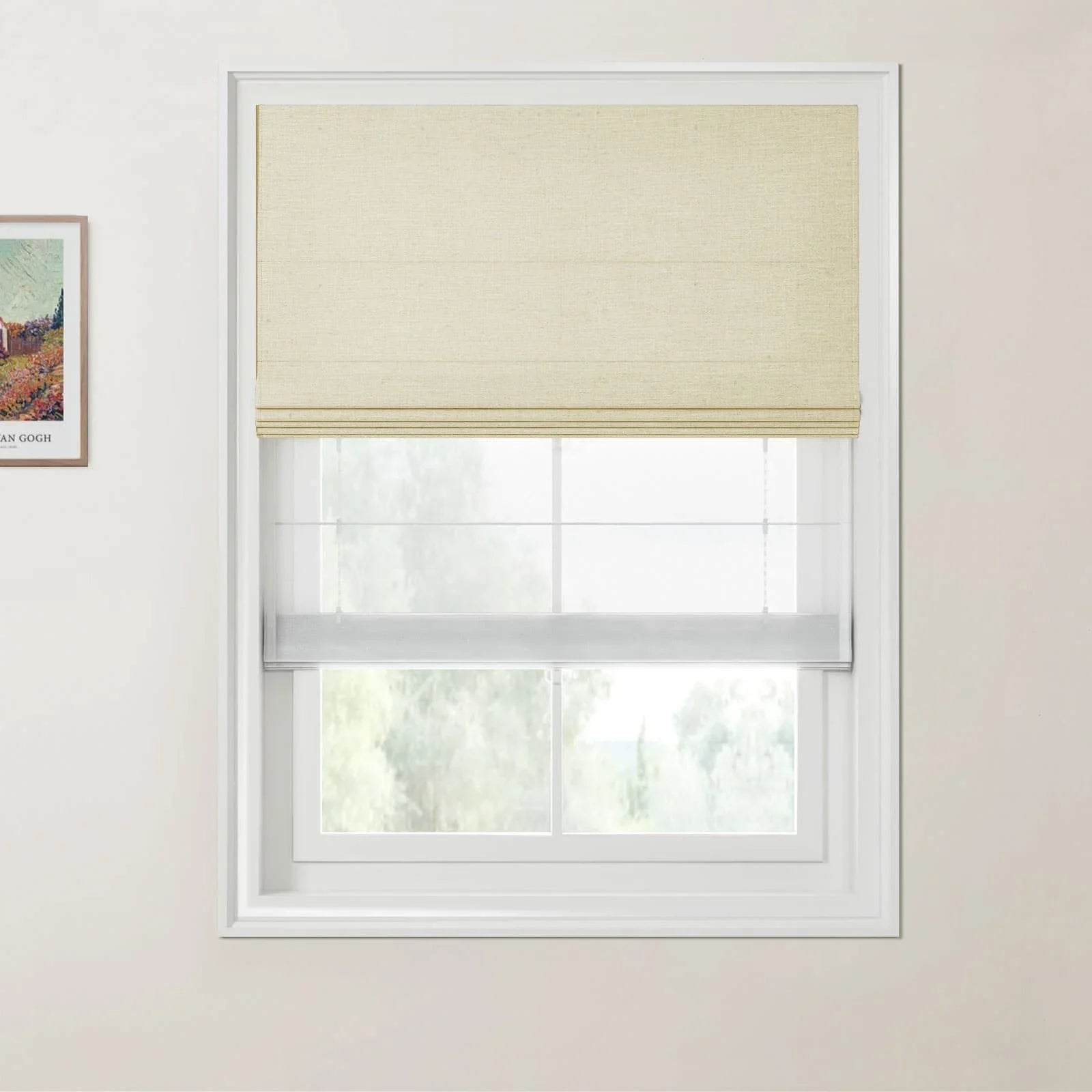 Photograph a modern interior with a white-framed window featuring a beige textured Roman blind over a sheer white blind and a framed Van Gogh Arles landscape print on the wall