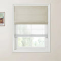 Photograph of a modern interior window featuring a beige textured Roman shade over a sheer white blind with a framed Van Gogh landscape artwork on the left wall and blurry green trees outside
