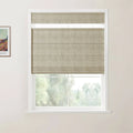 Photograph of a window displaying a textured beige Roman blind partially lowered above a blurry green natural landscape, with a framed Van Gogh print hanging on the adjacent wall