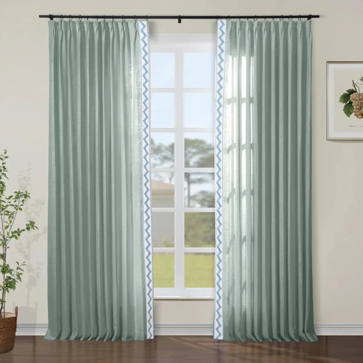 Liz Linen Curtains with Border Trim (Sold per Pair) -TWOPAGES