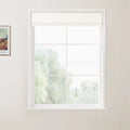 Photograph of an interior white grid window with a partially lowered cream Roman blind, blurry green trees visible outside, and a framed Van Gogh print on the light beige wall