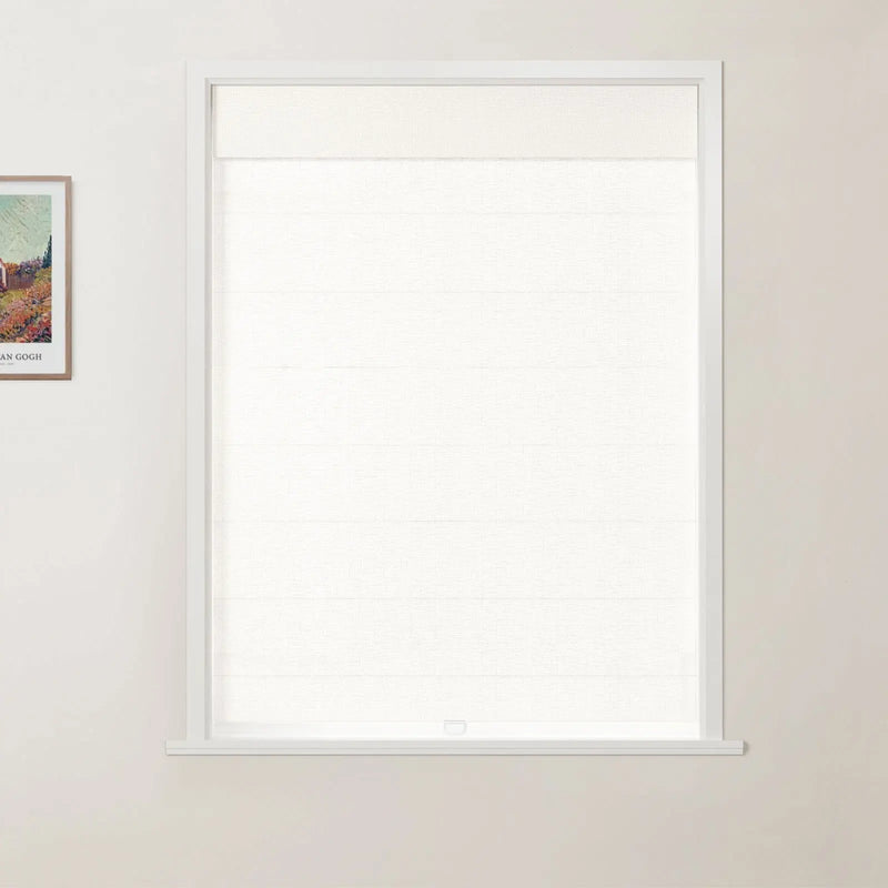 Photograph of white textured cellular blinds on a window within a light beige room featuring a framed Van Gogh colorful landscape print on the left wall