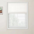 An interior room featuring a window with white textured Roman blinds partially lowered above a white grid-paned window, and a framed Van Gogh landscape print on the light beige wall to the left