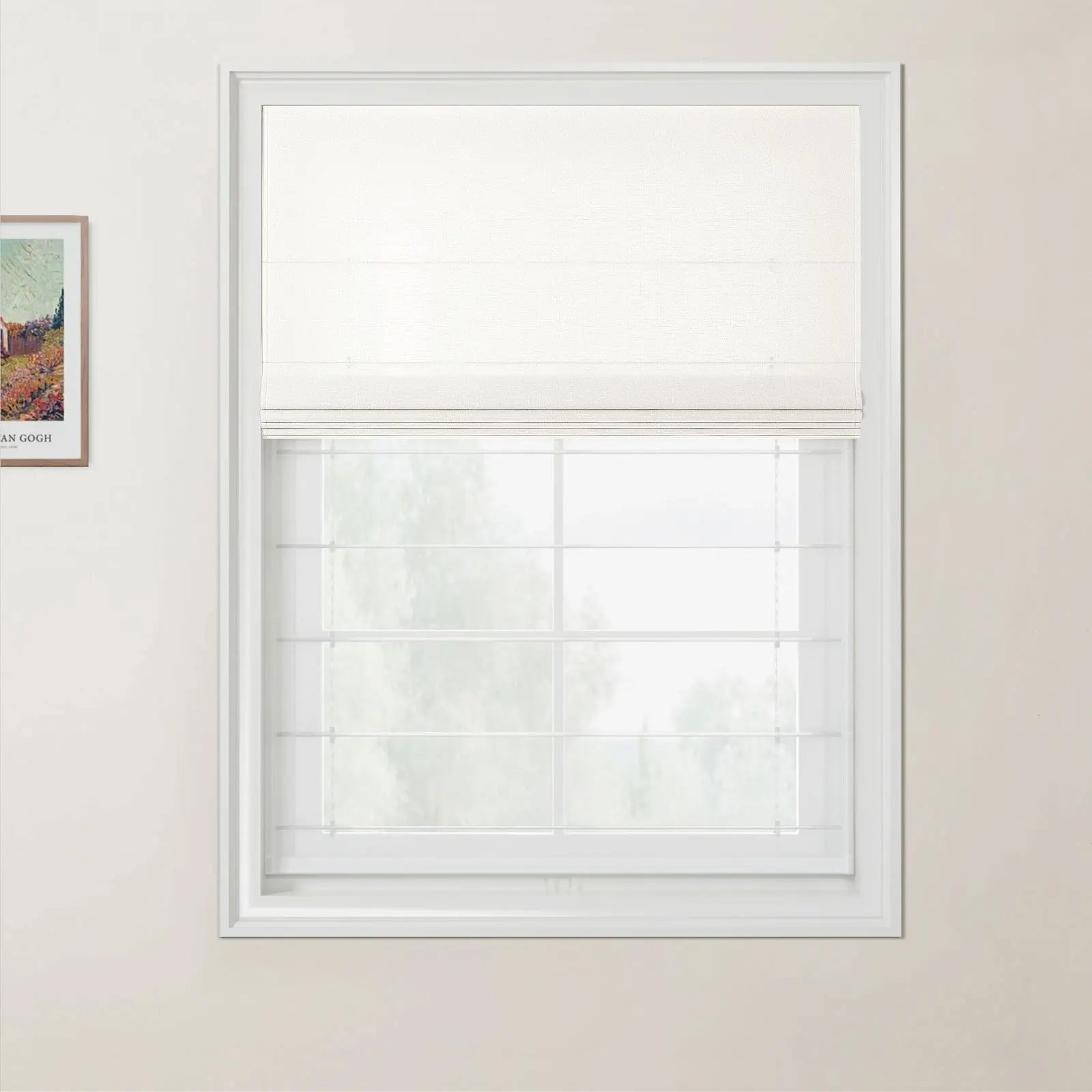 An interior room featuring a window with white textured Roman blinds partially lowered above a white grid-paned window, and a framed Van Gogh landscape print on the light beige wall to the left