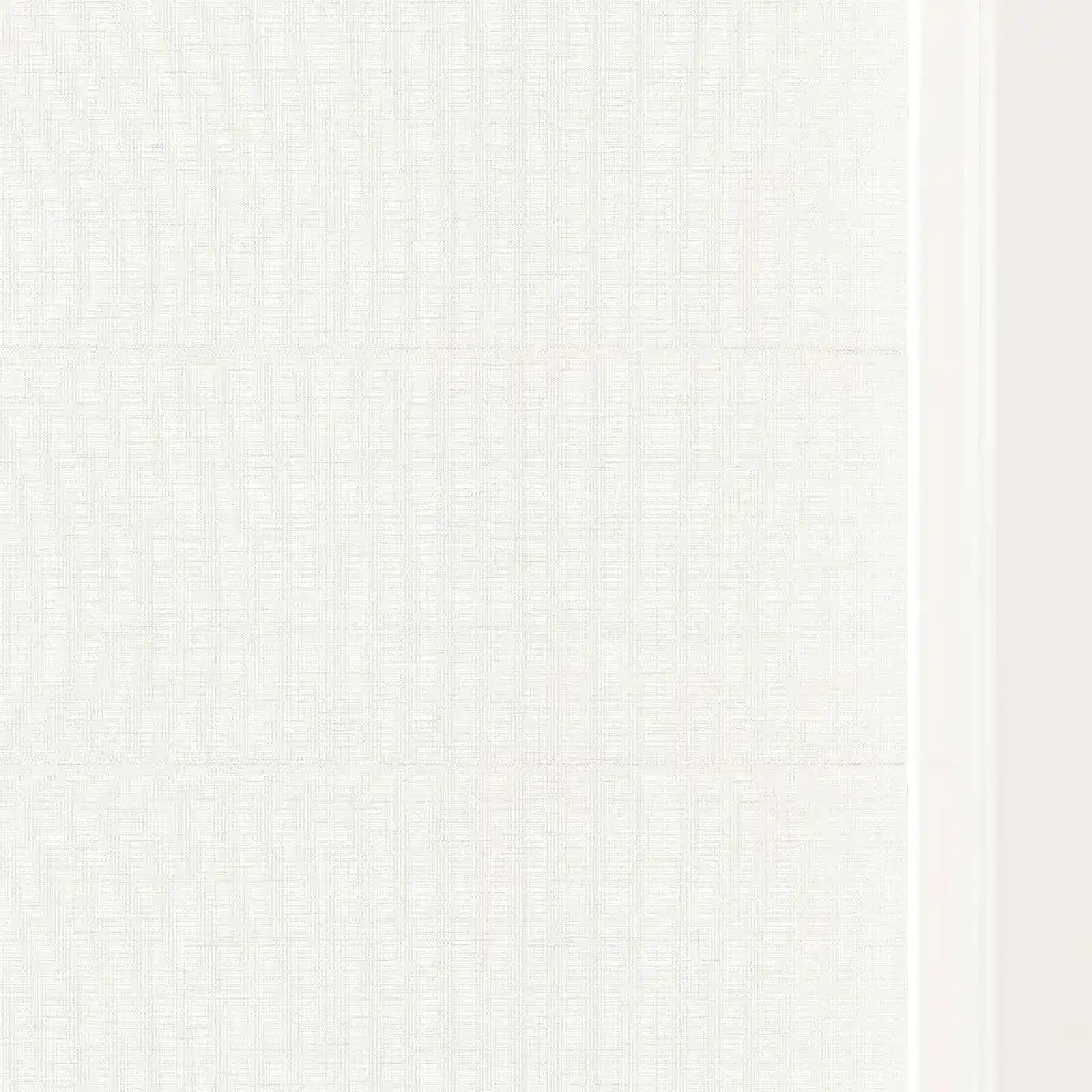 Digital image of a textured off-white fabric with a fine grid weave and subtle horizontal folds, characteristic of a Roman blind, alongside a clean white border