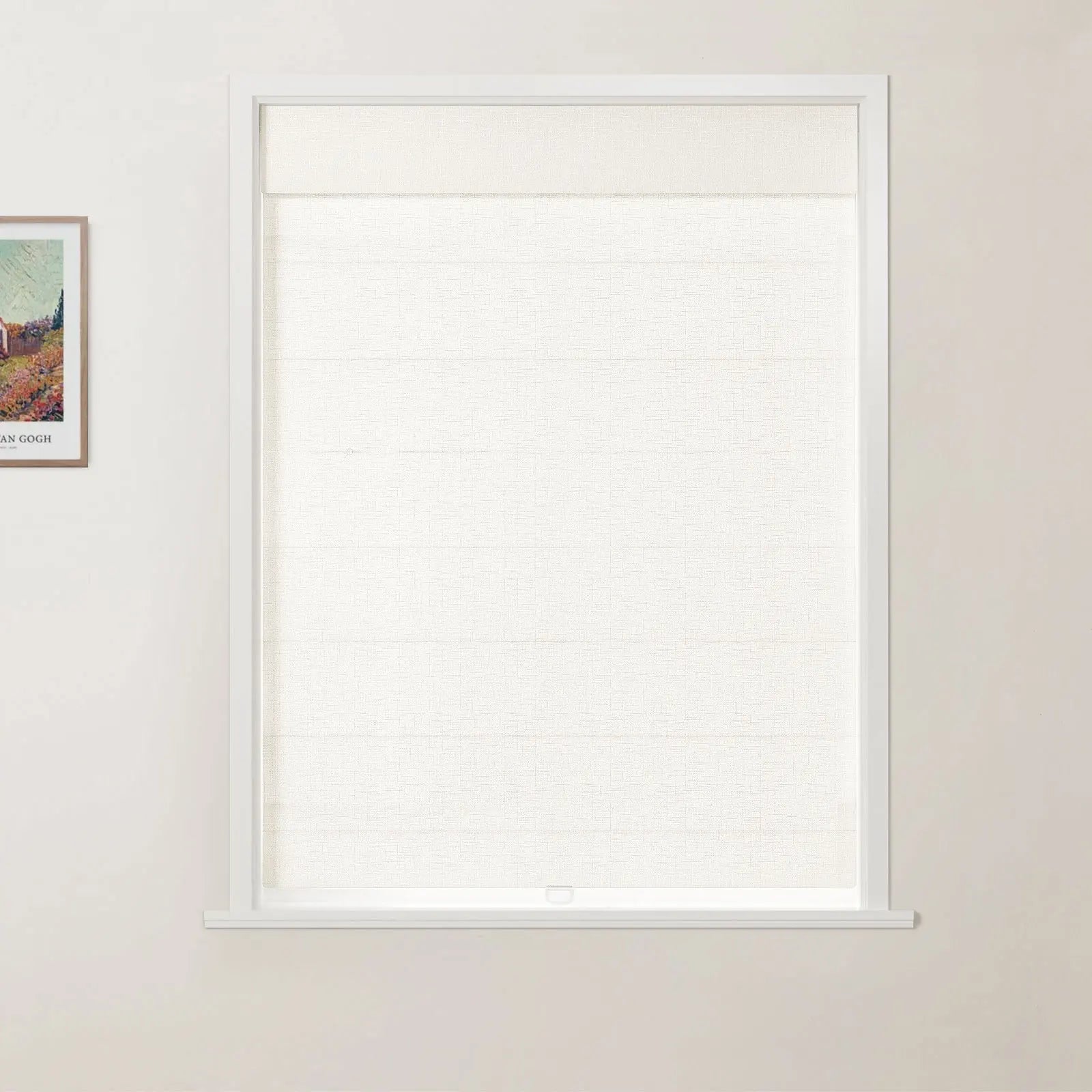 A framed Van Gogh print of a vibrant landscape hangs on a light wall next to a window featuring a clean white frame and an off-white textured cellular blind with a small pull tab