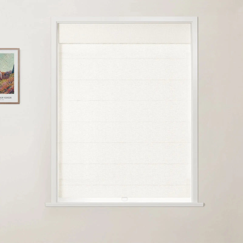 A framed Van Gogh print of a vibrant landscape hangs on a light wall next to a window featuring a clean white frame and an off-white textured cellular blind with a small pull tab