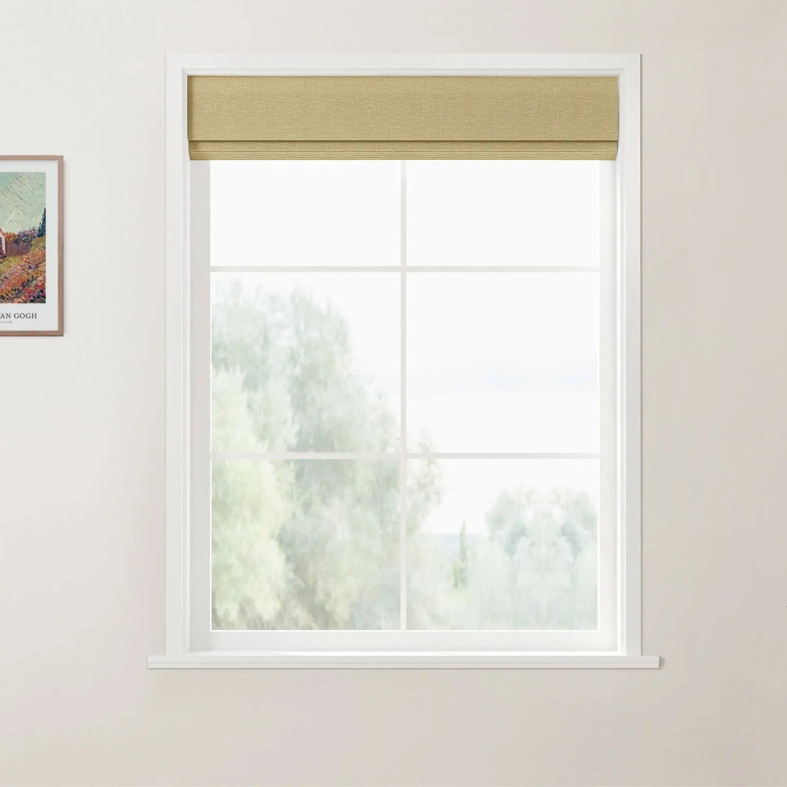 Photograph featuring a room with a white-framed window, a tan Roman blind, blurred green trees outside, and a visible framed print of Van Gogh's The Red Vineyards near Arles