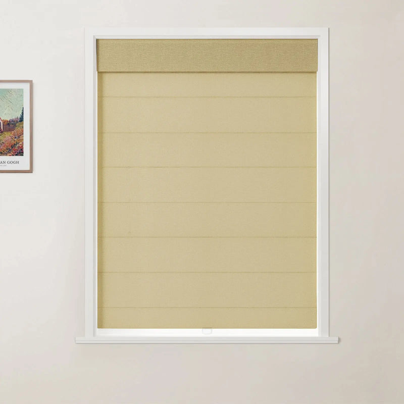 Photograph of an interior window featuring a light beige textured Roman blind with horizontal folds and a darker valance, beside a framed Van Gogh landscape print