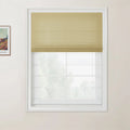 Photograph of a window fitted with a textured khaki Roman blind and a white multi-pane frame, beside a framed Van Gogh art print on the wall