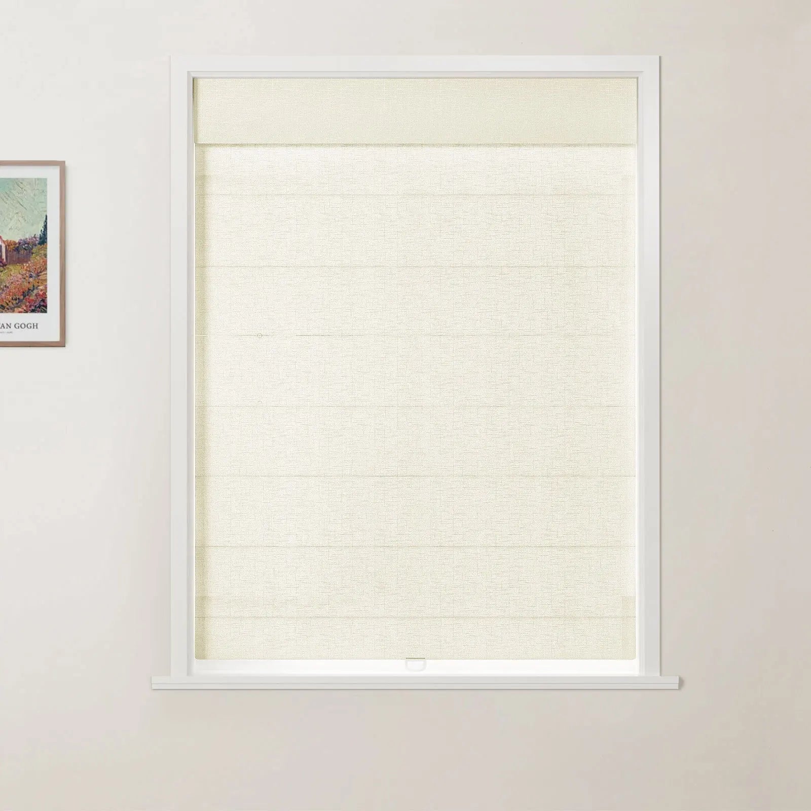 Photograph of a window featuring a textured cream Roman blind within a white frame, with a partial view of a framed Van Gogh painting on an adjacent white wall