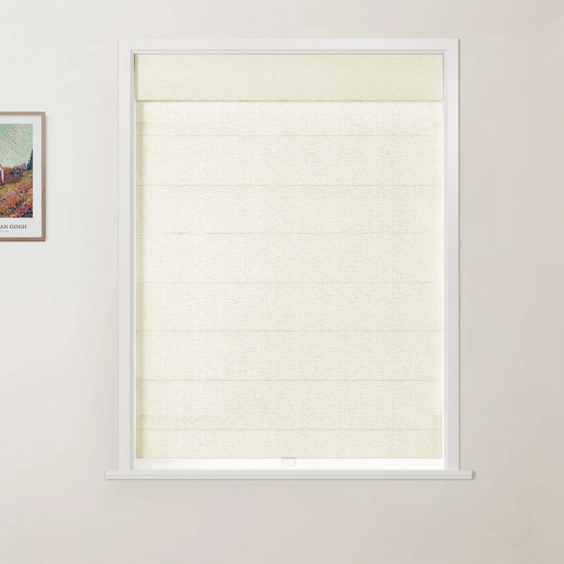 Photograph of a window featuring a textured cream Roman blind within a white frame, with a partial view of a framed Van Gogh painting on an adjacent white wall