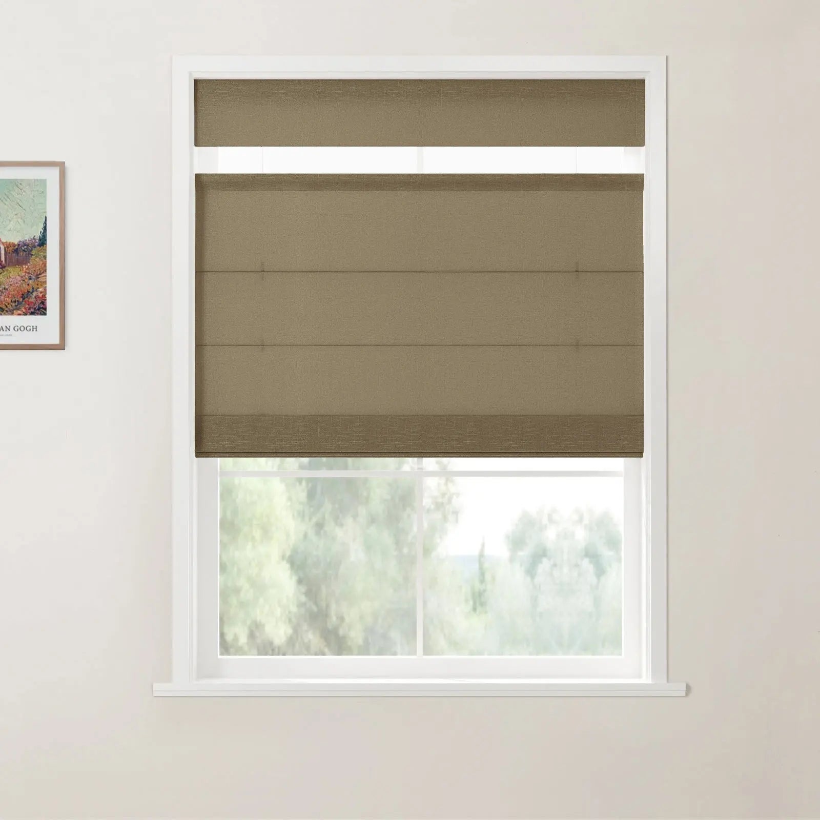 A window featuring a brown fabric roller blind partially down, set in a white frame, with a blurred natural green landscape visible outside and a framed print of Van Gogh's *Vineyards with a View of Auvers* on the left wall