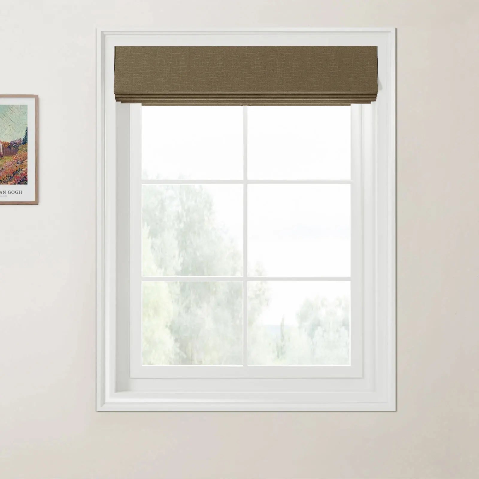 A white multi-pane window in an interior room featuring a textured brown Roman blind and a framed Van Gogh vibrant landscape print on the adjacent wall