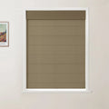 Framed colorful Van Gogh landscape print alongside a window displaying textured brown Roman blinds, a crisp white frame, and a pale wall