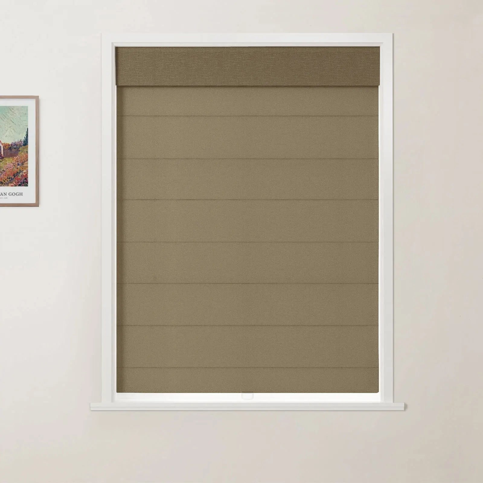 Framed colorful Van Gogh landscape print alongside a window displaying textured brown Roman blinds, a crisp white frame, and a pale wall