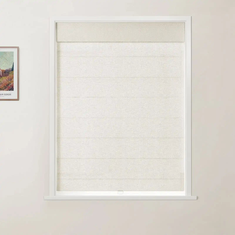 Photograph of an interior room featuring a window with a beige textured Roman blind, white trim, and a partial view of a framed Van Gogh landscape print
