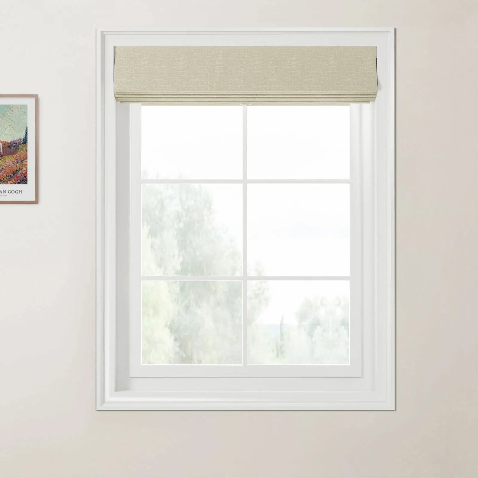 Photograph of a brightly lit interior featuring a white six-pane window with a light beige textured Roman blind and a partially visible Van Gogh print on the left wall, looking out to blurred green foliage
