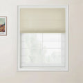 Photograph of a partially lowered beige textured Roman blind covering a white multi-pane window in a cream room, with a framed Van Gogh landscape print on the left wall