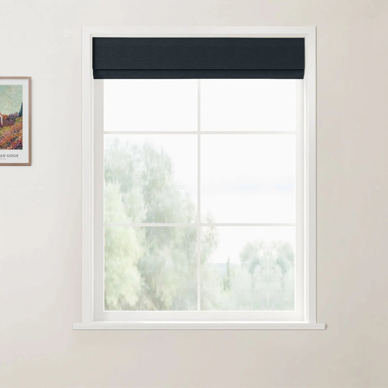 Photograph of a modern interior featuring a white grid window with a dark blue textured roller blind, a blurred natural landscape visible outside, and a framed Van Gogh print on the beige wall