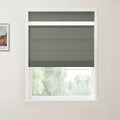 Print of a Van Gogh painting beside a white-framed window with a textured dark olive green Roman blind partially revealing blurry green trees in an interior room