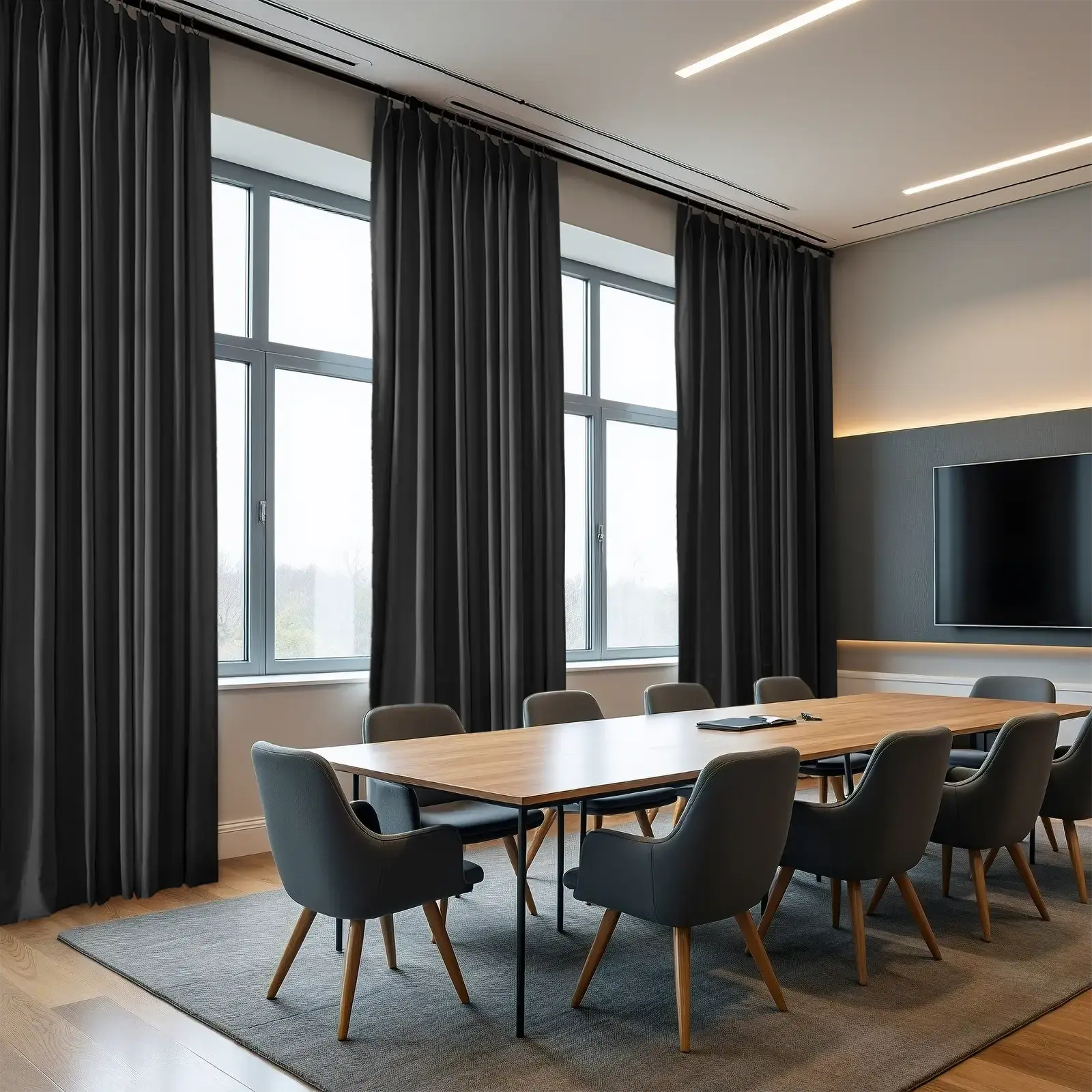 A modern conference room featuring floor-to-ceiling dark grey curtains, a long light wood table surrounded by ergonomic grey chairs, and a large wall-mounted TV with warm LED accent lighting