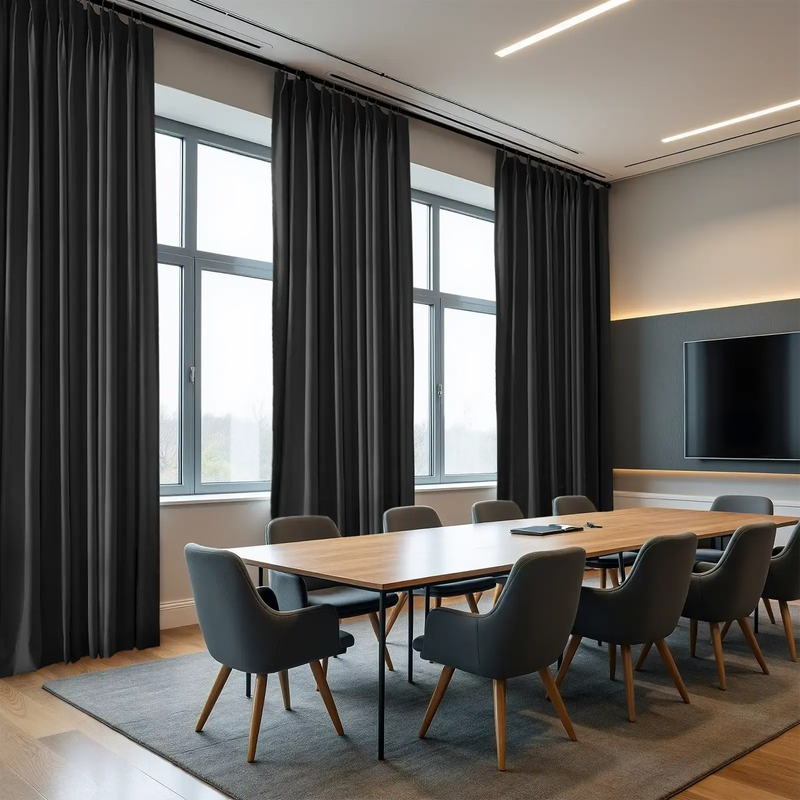 A modern conference room featuring floor-to-ceiling dark grey curtains, a long light wood table surrounded by ergonomic grey chairs, and a large wall-mounted TV with warm LED accent lighting