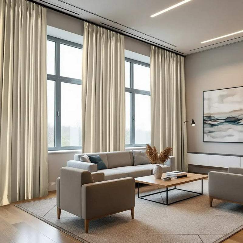 Modern minimalist living room featuring floor-to-ceiling beige curtains, a neutral gray sectional sofa, abstract landscape art, and elegant linear ceiling lights