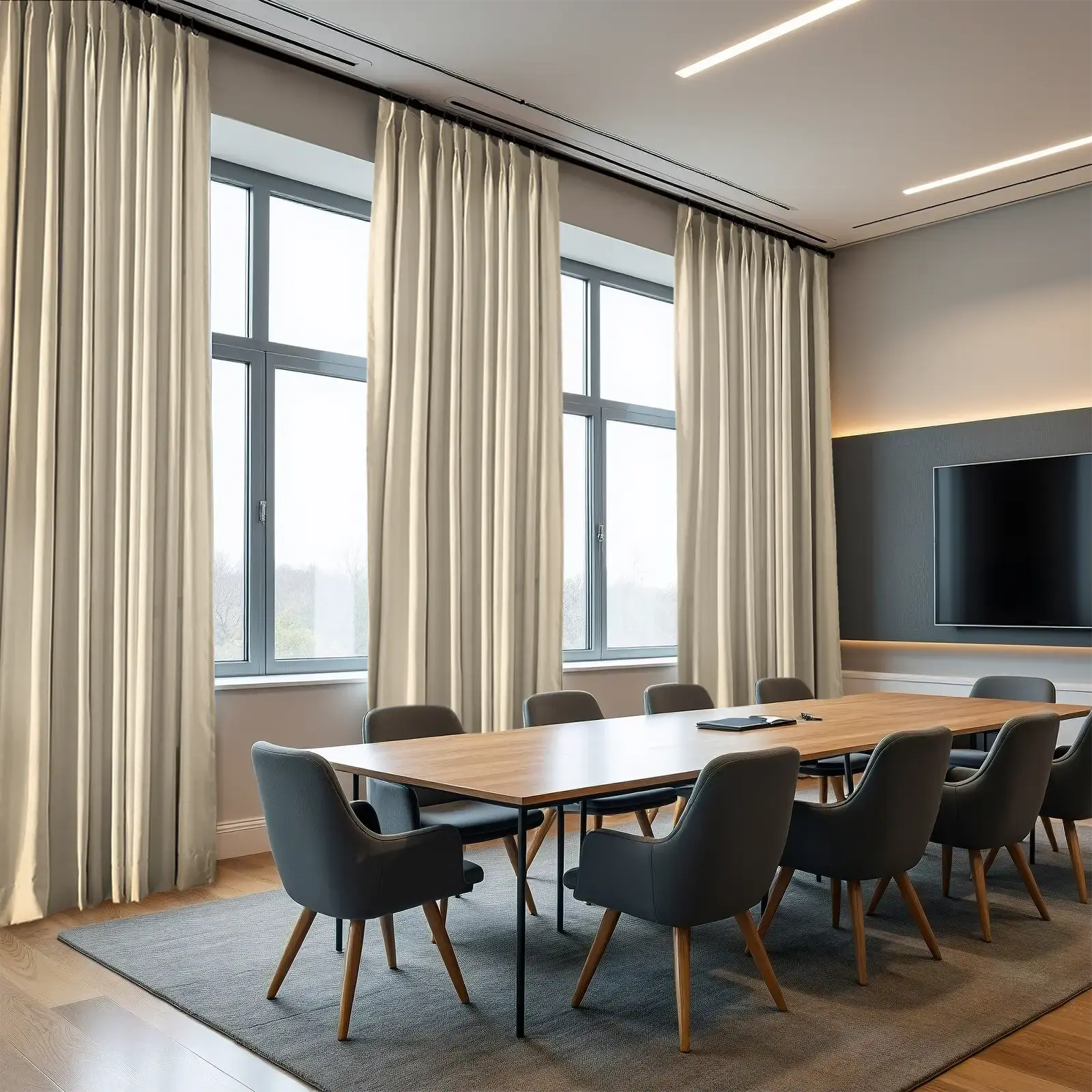 A modern corporate conference room with tall beige drapes framing large windows a sleek wooden conference table and dark gray chairs facing a television mounted on a charcoal wall accented by warm LED strip lighting and linear ceiling lights
