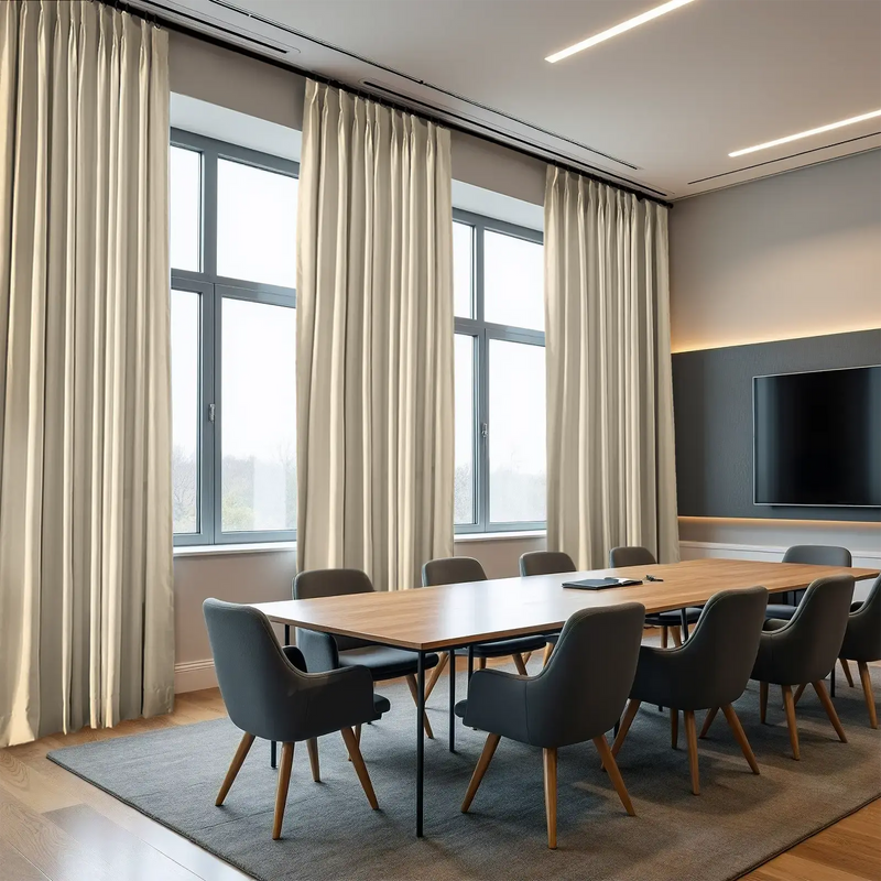 A modern corporate conference room with tall beige drapes framing large windows a sleek wooden conference table and dark gray chairs facing a television mounted on a charcoal wall accented by warm LED strip lighting and linear ceiling lights