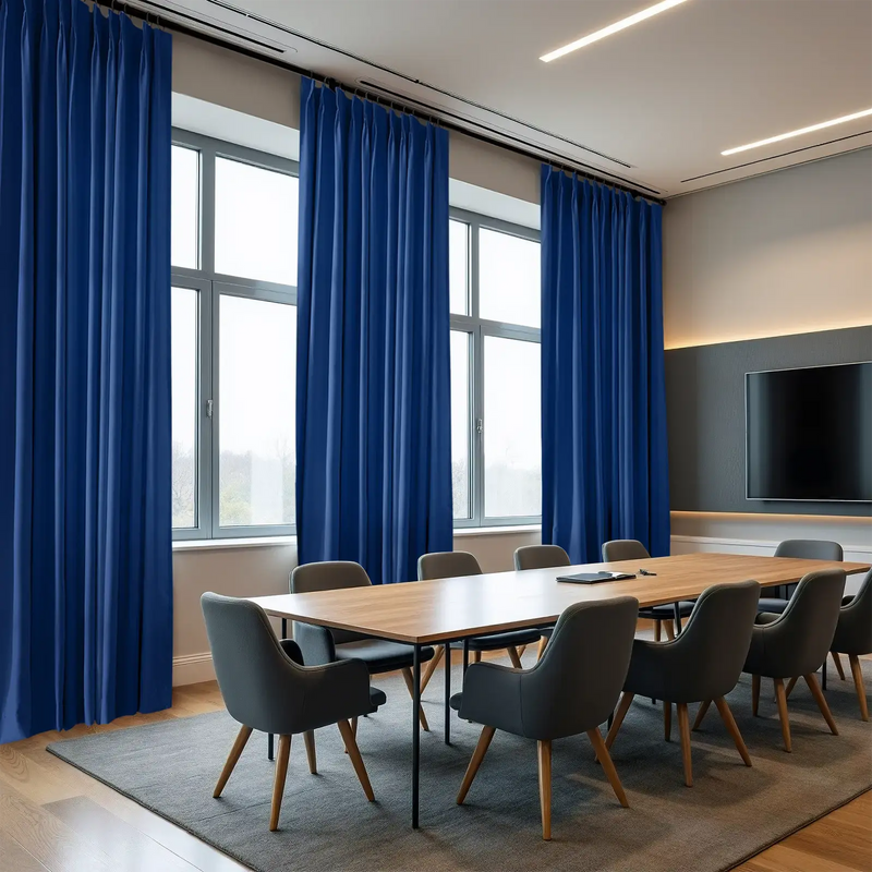 Photograph of a modern corporate conference room featuring vibrant royal blue full-length curtains a long light wooden meeting table surrounded by stylish grey armchairs with light wooden legs and a wall-mounted television display