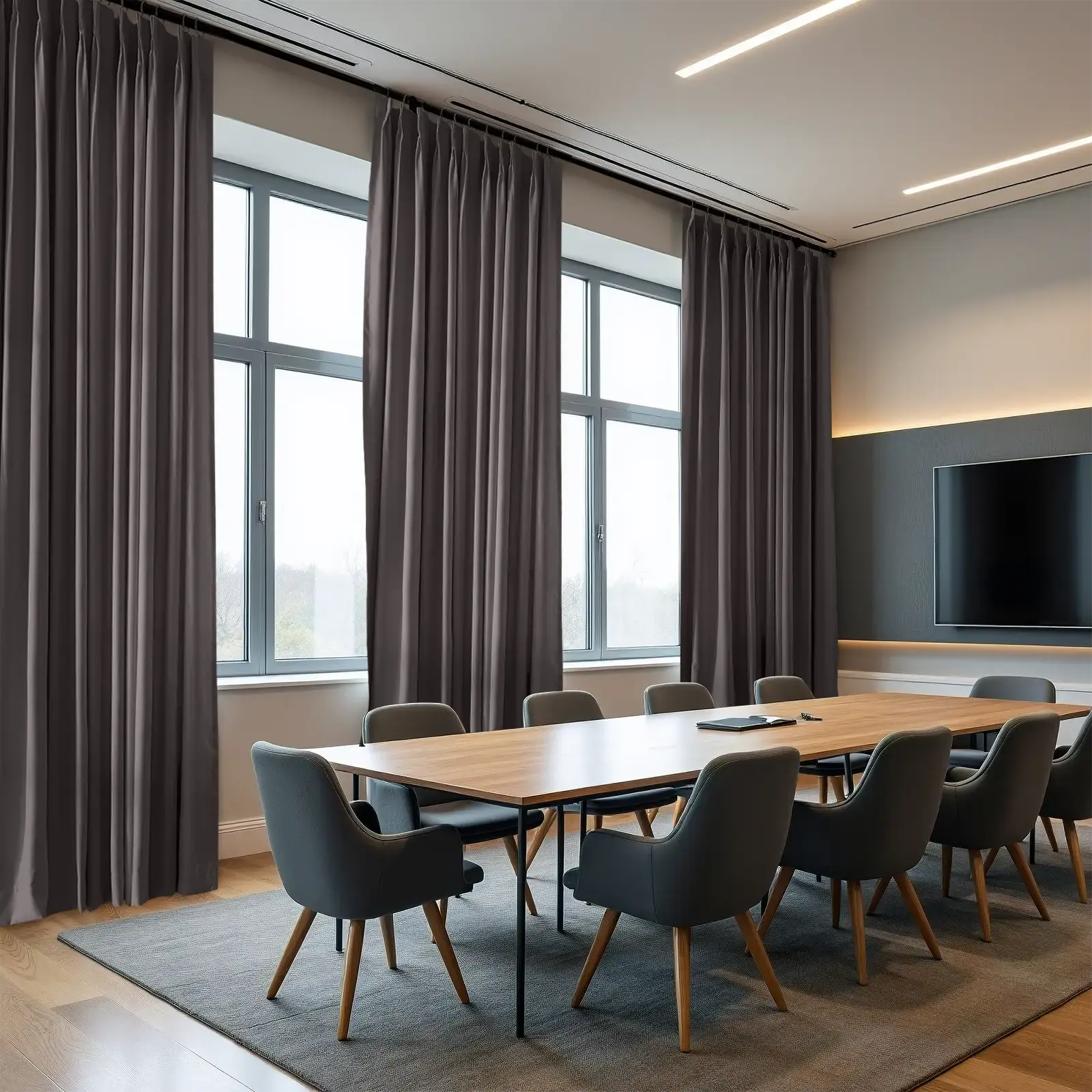 Modern conference room with full-height dark grey ripple fold drapes on large windows, a long wooden table surrounded by grey upholstered chairs with wooden legs, linear ceiling lights, and a back-lit wall-mounted television