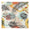 Digital print on fabric depicting a modern abstract tropical pattern with dark palm fronds, pastel peach and teal shapes, textured yellow geometric lines, and terracotta brushstrokes on a scalloped-edge fabric sample